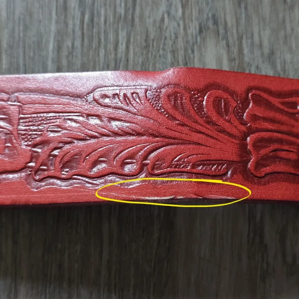 Vintage Red Leather Hand Tooled Floral Western Belt Antique Brass Buckle 516
